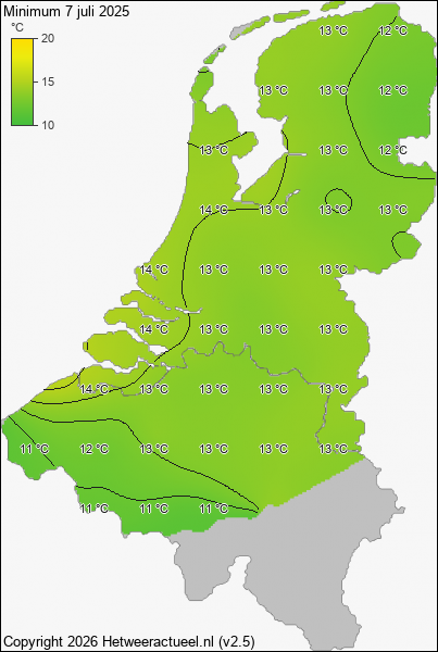 Minimum temperatuur 7 juli 2025