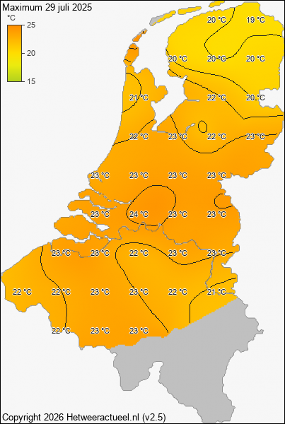 Maximum temperatuur 29 juli 2025