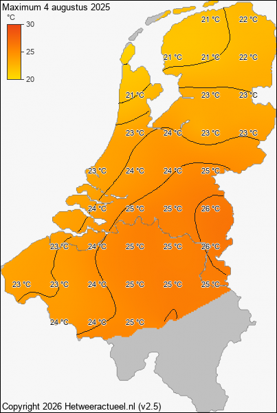 Maximum temperatuur 4 augustus 2025