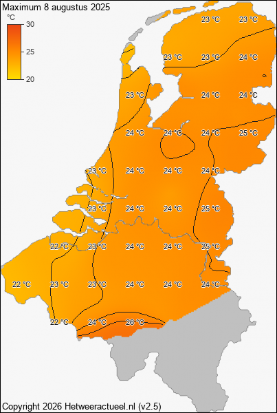 Maximum temperatuur 8 augustus 2025
