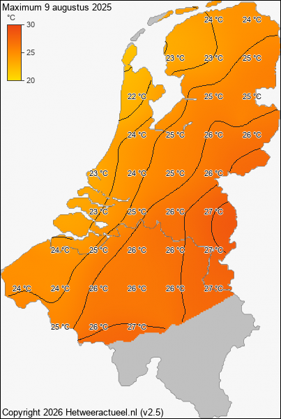 Maximum temperatuur 9 augustus 2025