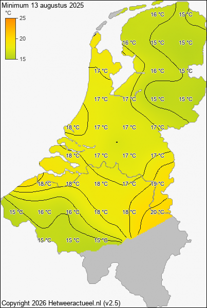 Minimum temperatuur 13 augustus 2025