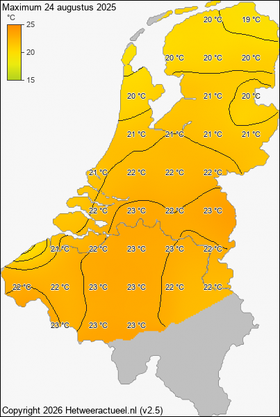 Maximum temperatuur 24 augustus 2025