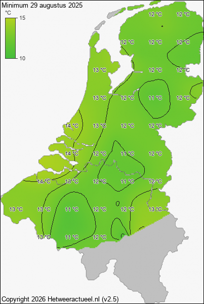 Minimum temperatuur 29 augustus 2025