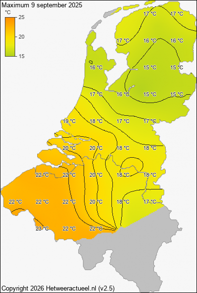 Maximum temperatuur 9 september 2025