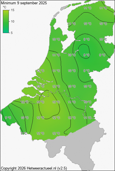 Minimum temperatuur 9 september 2025