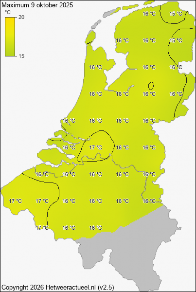 Maximum temperatuur 9 oktober 2025