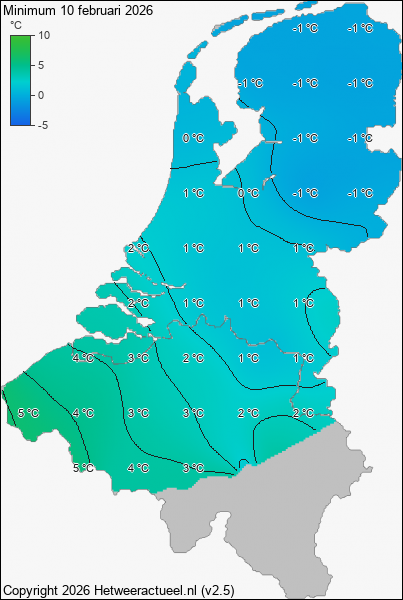 Minimum temperatuur 10 februari 2026