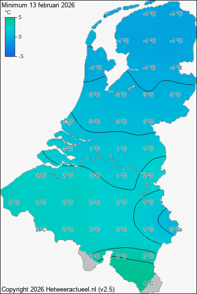 Minimum temperatuur 13 februari 2026