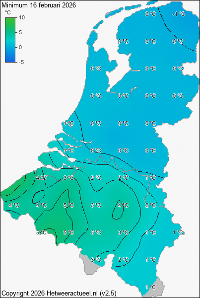 Minimum temperatuur 16 februari 2026