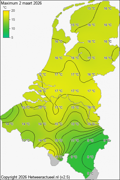 Maximum temperatuur 2 maart 2026
