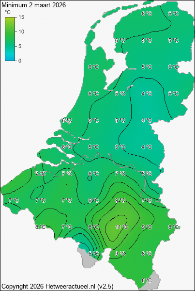 Minimum temperatuur 2 maart 2026