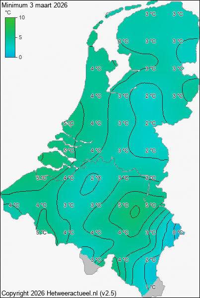 Minimum temperatuur 3 maart 2026