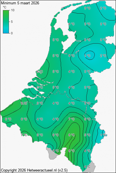 Minimum temperatuur 5 maart 2026