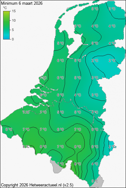 Minimum temperatuur 6 maart 2026