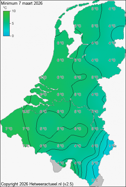 Minimum temperatuur 7 maart 2026