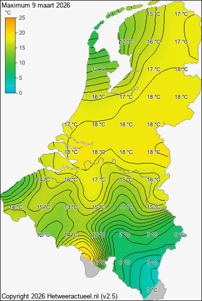 Maximum temperatuur 9 maart 2026