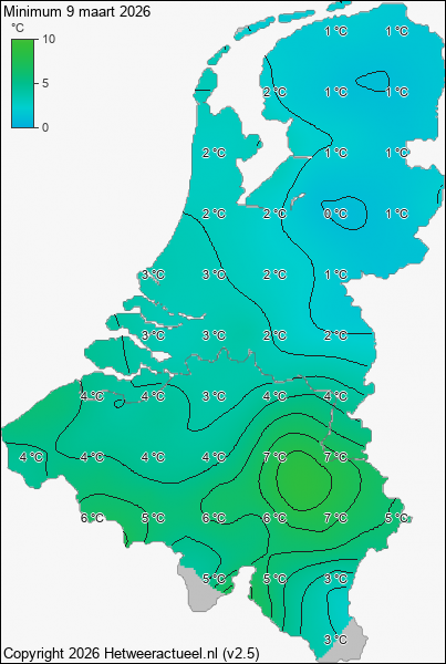 Minimum temperatuur 9 maart 2026