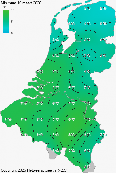 Minimum temperatuur 10 maart 2026