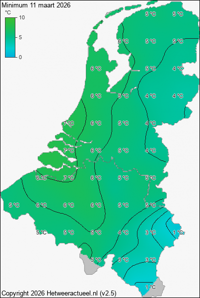 Minimum temperatuur 11 maart 2026