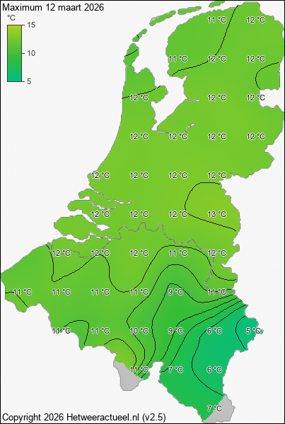 Maximum temperatuur 12 maart 2026