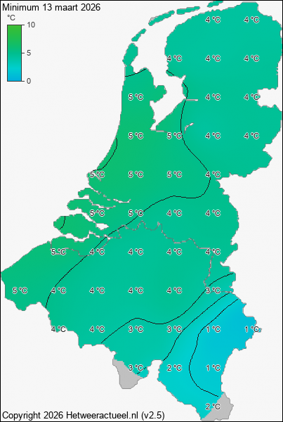 Minimum temperatuur 13 maart 2026