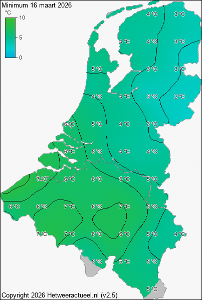Minimum temperatuur 16 maart 2026