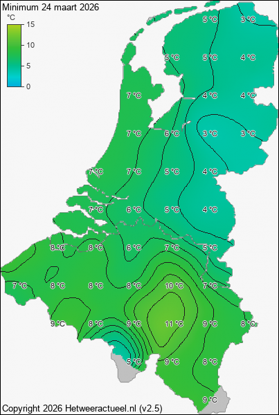 Minimum temperatuur 24 maart 2026