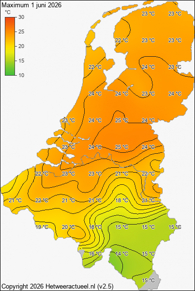 Maximum temperatuur 1 juni 2026