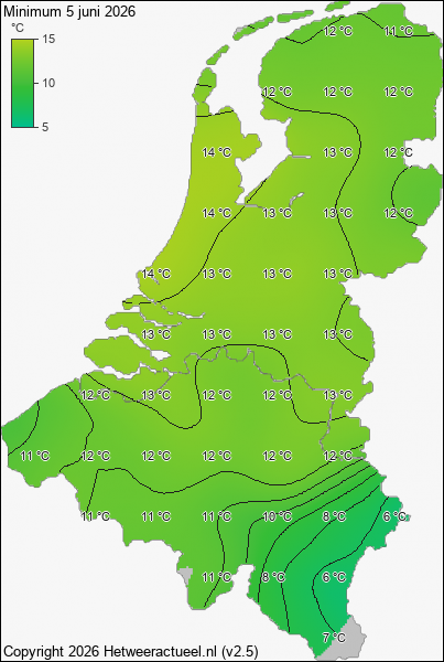 Minimum temperatuur 5 juni 2026