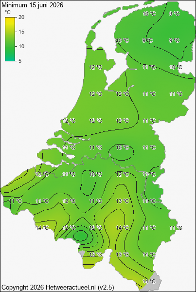 Minimum temperatuur 15 juni 2026