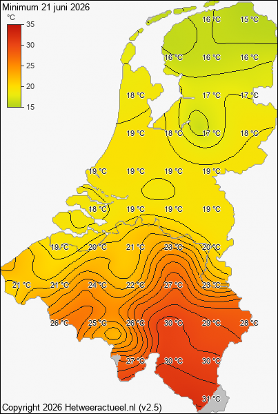 Minimum temperatuur 21 juni 2026