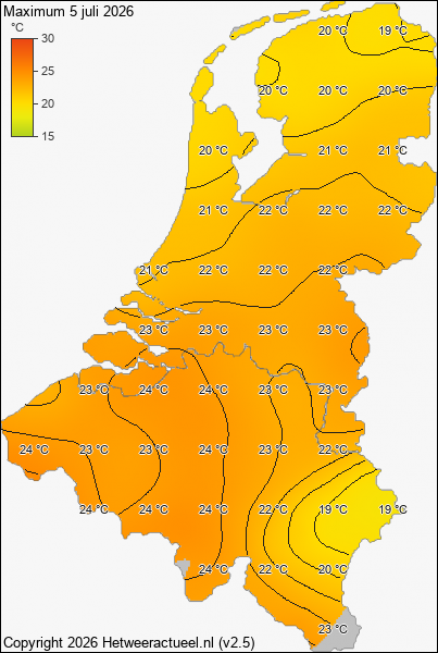 Maximum temperatuur 5 juli 2026