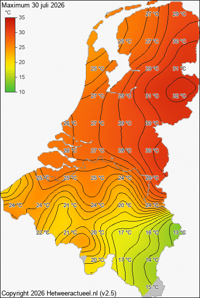Maximum temperatuur 30 juli 2026