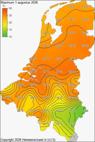 Maximum temperatuur 1 augustus 2026