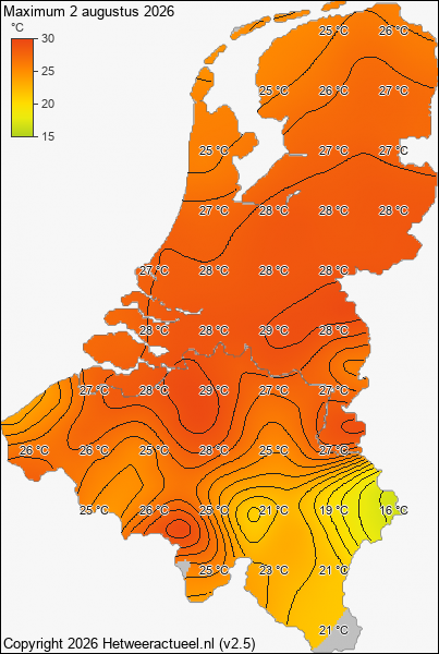 Maximum temperatuur 2 augustus 2026