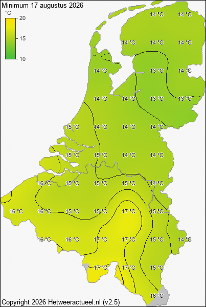 Minimum temperatuur 17 augustus 2026
