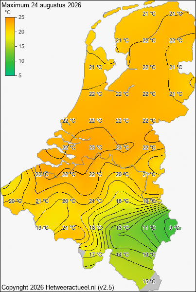 Maximum temperatuur 24 augustus 2026