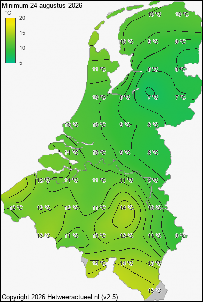 Minimum temperatuur 24 augustus 2026