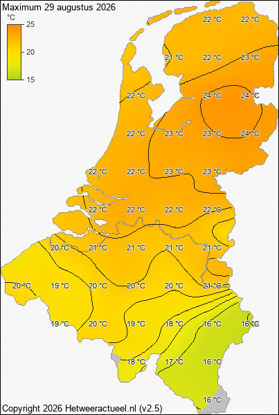 Maximum temperatuur 29 augustus 2026