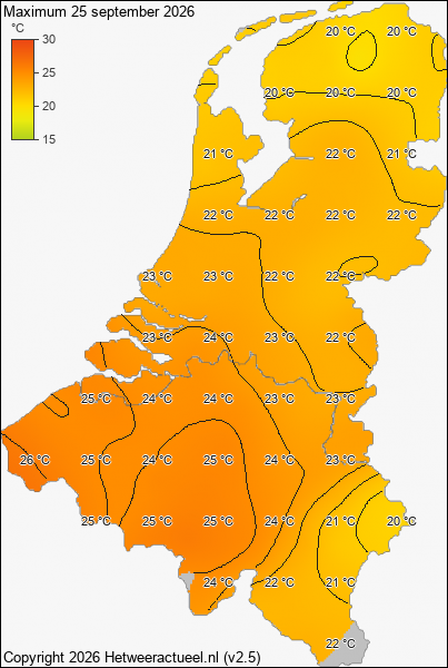 Maximum temperatuur 25 september 2026